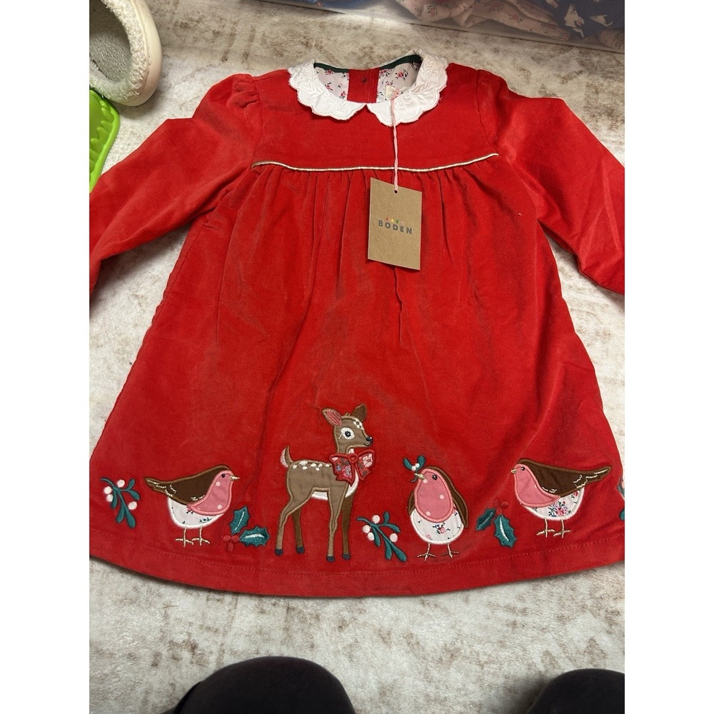 NWT Mini Baby Boden Appliqué Velvet Woodland Creature Christmas Dress Size 12-18